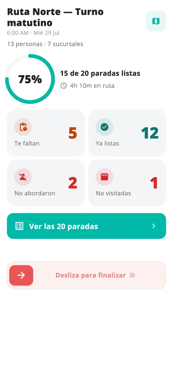 App del chofer de Welobox con un viaje en curso: 15 de 20 paradas listas